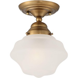 Regency Hill Schoolhouse Floating Modern Farmhouse Ceiling Light Semi Flush Mount Fixture 7" Wide Brass White Glass Shade for Bedroom Living Room Home - 1 of 4