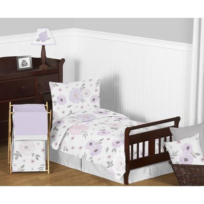 5pc Sweet Jojo Designs Watercolor Floral Toddler Bedding Set Lavender/Gray - Sweet Jojo Designs