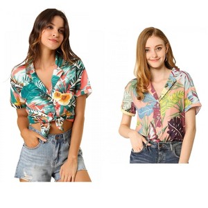 Allegra K Women's Hawaiian Floral Leaves Printed Short Sleeve Button Down Vintage Shirt 2 Pcs - 1 of 4
