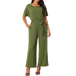 Seta T Women's Crewneck Short Sleeve Belted High Waist Wide Leg Jumpsuits with Pockets - 1 of 4