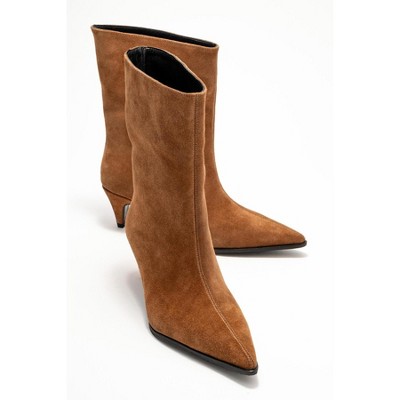 Aleo - Taupe Suede Genuine Leather Pointed Toe Short Heel Boot (Women) taupe  5.5 Forever & Always Shoes US