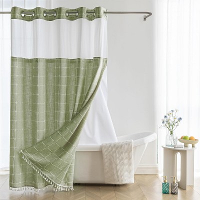 River Dream Farmhouse Linen Textured Shower Curtain with Snap-in Liner Set, No Hooks Needed, with Tassels for Rustic Bathroom Decor