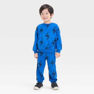 Grayson Mini Toddler Boys' Lightening Bolt Fleece Crewneck and Jogger Pants Set- Blue