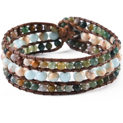 Boho Handmade Natural Stone Bead Bracelet, 3-Row Wide Wrap Wrist Statement Jewelry for Women