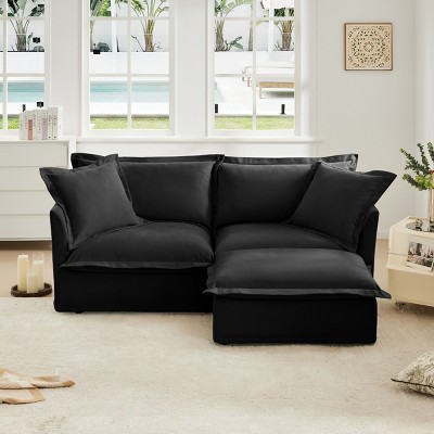 Slipcovered Sectional Sofa, 2 Seater Sofa with Removable Cover, Sofa with Convertible Ottoman, Chenille Fabric Sectional Sofas-Cuddlewood