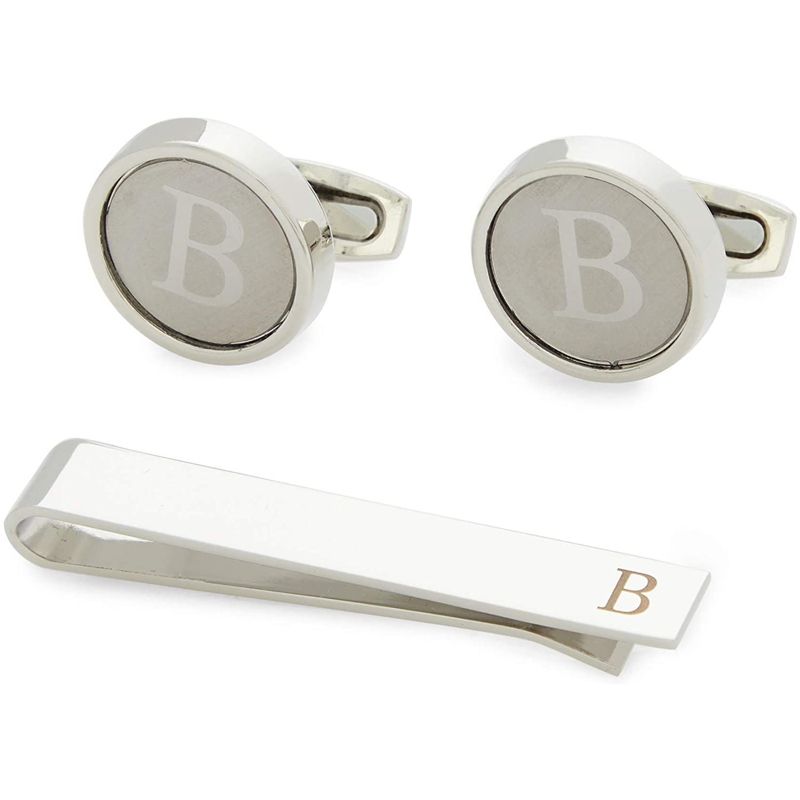 Zodaca Men's Initial Cufflinks Set and Tie Clips with Gift Box, Alphabet Letter Monogram B, Perfect Gift, 1 of 8