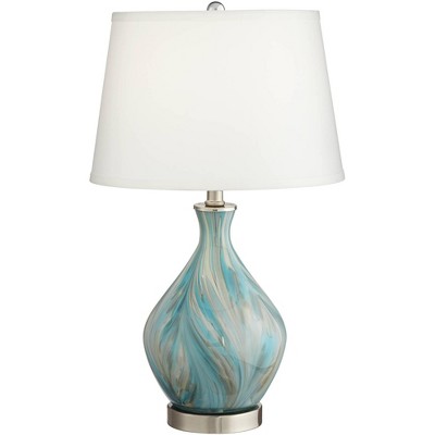 360 Lighting Modern Accent Table Lamp Blue Gray Glazed Art Glass Off White Drum Shade for Living Room Bedroom Bedside Nightstand
