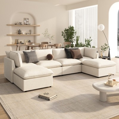 136" Large U-Shape Modular Sectional Sofa with Solid Wood Frame, 2 Large Chaises, Removable Ottomans
