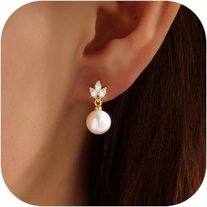 Pearl Earrings,14k Gold Plated Trendy Diamond Pearl Drop Earrings Bridal Shower Gifts Wedding jewelry for Women - 1 of 4