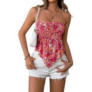 Womens Smocked Strapless Tank Tops Floral Tube Tops Backless Tunic Tops Sleeveless Shirts - 1 of 4