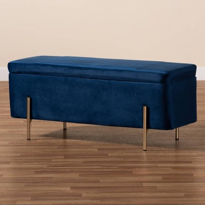 Rockwell Navy Blue Velvet & Gold Metal Storage Bench