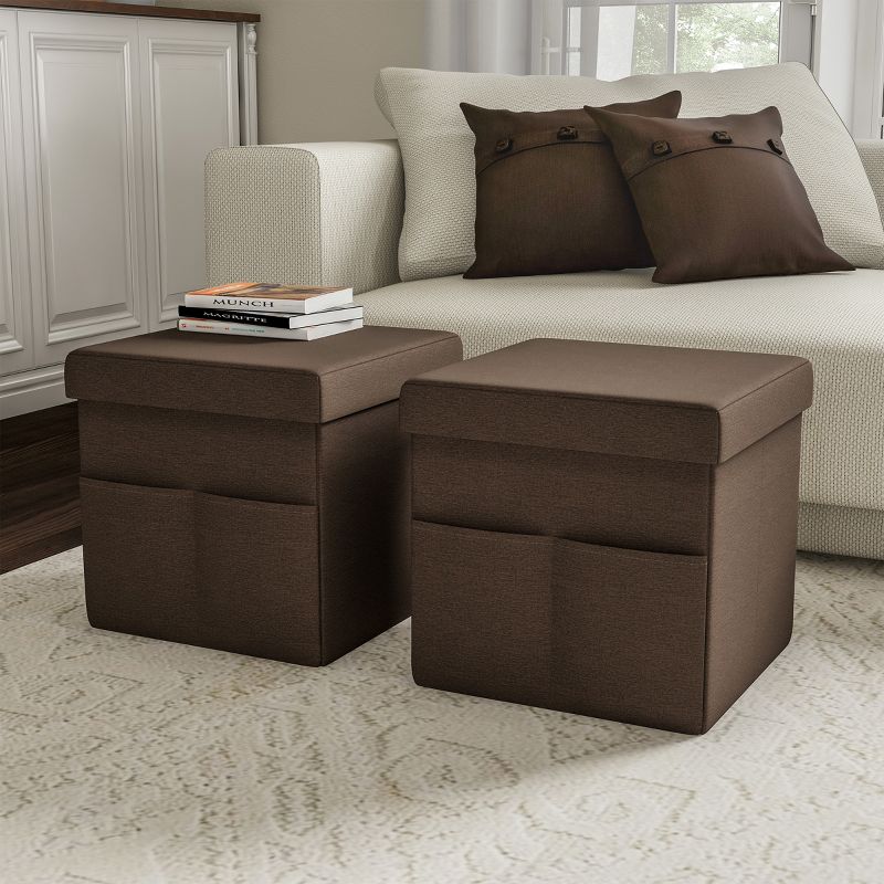 Hasting Home Set of 2 Folding Ottomans with Storage Pockets, 1 of 8