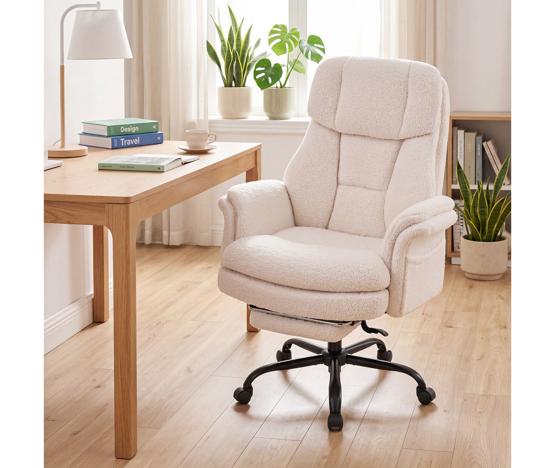 Costway Ergonomic Cross Legged Office Chair with Retractable Footrest & Adjustable Armrests White + Black