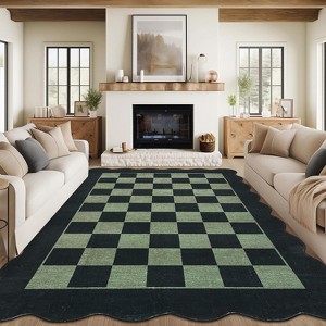 Checkered Rug Washable Rug for Living Room Non Slip Indoor Scalloped Printed Carpet Low Pile Neutral Rugs Soft Floor Cover for Bedroom Nursery - 1 of 4