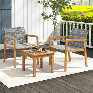 Costway 3 PCS Outdoor Furniture Set, Acacia Wood Frame Sofa Set with Rattan Seat - 1 of 4