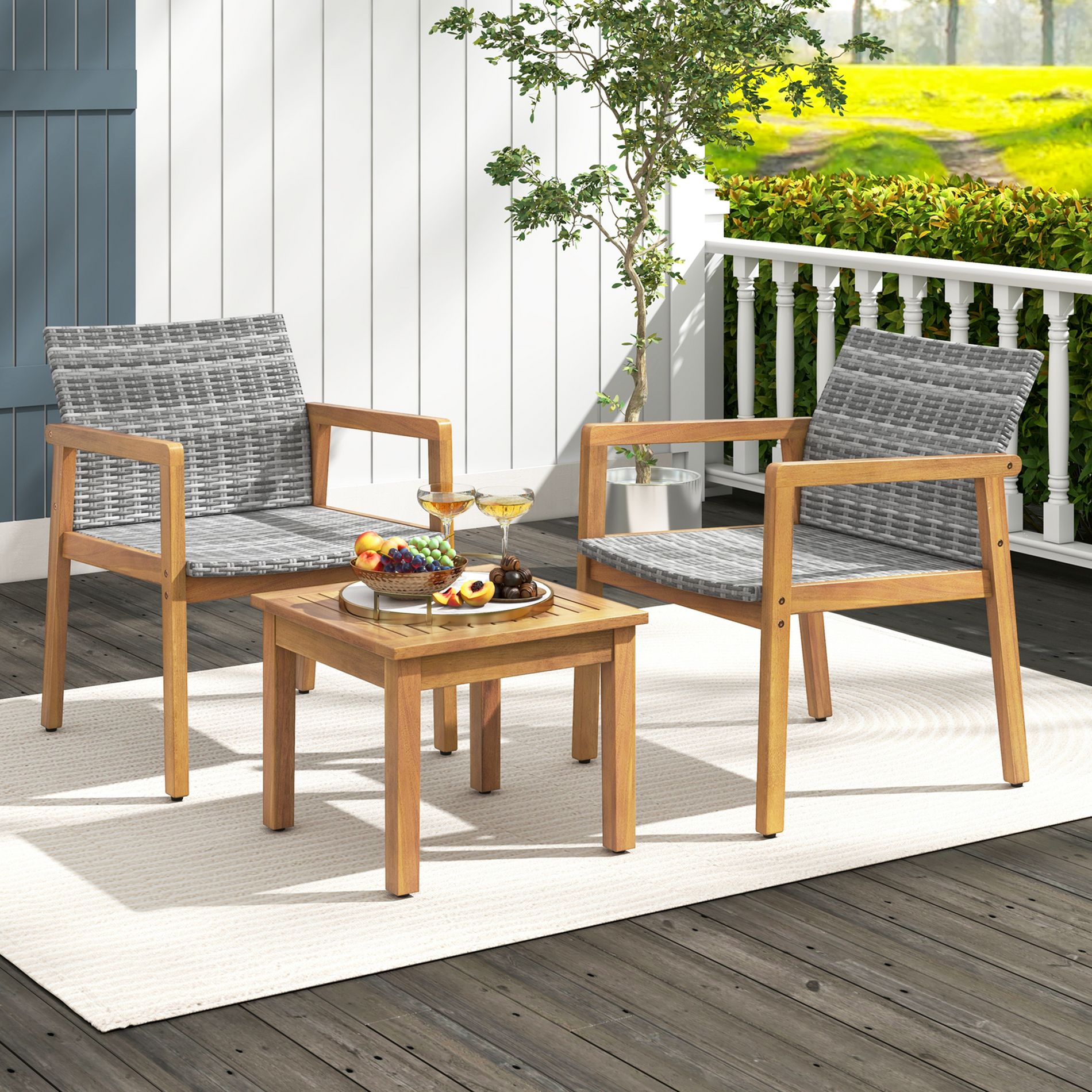 Costway 3 PCS Outdoor Furniture Set, Acacia Wood Frame Sofa Set with Rattan Seat