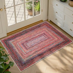 Braided Print Area Rug Washable Bedroom Rugs Bordered Geometric Indoor Soft Carpet Farmhouse Low Pile Non Slip Throw Floor Cover - 1 of 4