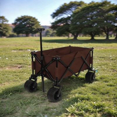 INFURNIC Wheelbarrows And Lawn Carts Heavy Duty Garden Cart Folding Camping Cart, Utility Park Garden Cart For Outdoor, Brown, 37.8"*21.65"*34.33"