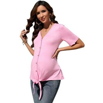 FUNJULY Women's Maternity Short Sleeve T-Shirt Casual Button Down V Neck Nursing Tops Loose Breastfeeding Blouses