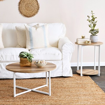 Coastal Oak and White Round End Table with Shelf