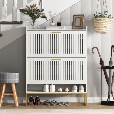 Resenkos Modern Vertical White Shoe Cabinet Organizer Storage Rack with Gold Legs for Entryway