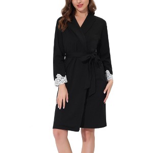 cheibear Womens Robe Knit Floral Pattern Lace Trim Lounge Sleepwear Long Sleeve Bathrobe - 1 of 4