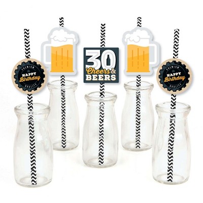 Big Dot of Happiness Cheers and Beers to 30 Years - Paper Straw Decor - 30th Birthday Party Striped Decorative Straws - Set of 24