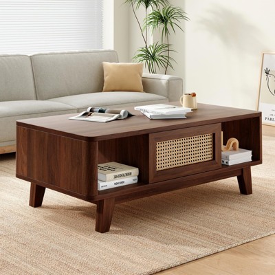 FURNIinspire Coffee Tables Modern Rectangular Living Room Table, Wooden Coffee Table With Rattan Drawer For Home Office, Brown, 23.6"*43.7"*15.7"