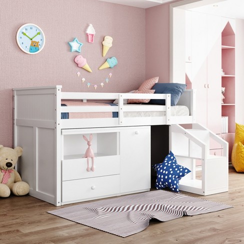 Twin Size Loft Bed with Built-in Desk, Storage Shelves and Drawers, White - ModernLuxe