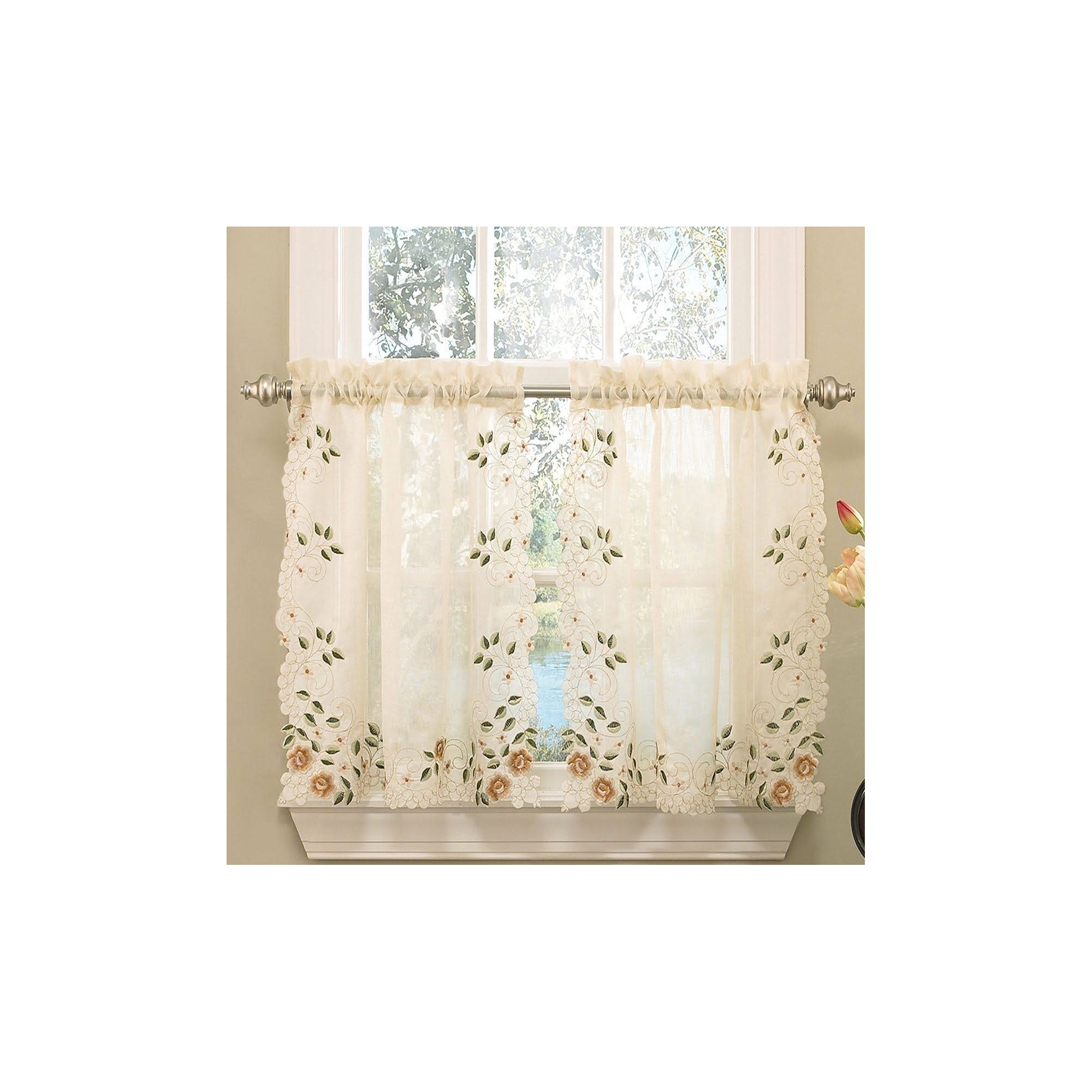 Rosemary Linen Embroidered Kitchen Curtain Tier Set, 24"