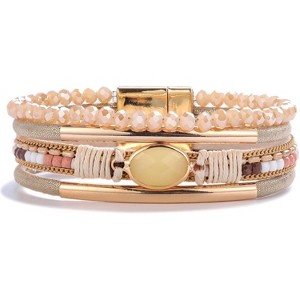 Leather Wrap Bracelet with Crystal Beads & Stone Charm, Boho Cuff with Clasp for Women - 1 of 4