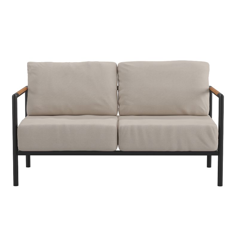 Merrick Lane Outdoor Loveseat with Removable Plush Fabric Cushions and Teak Accented Aluminum Frame, 5 of 15