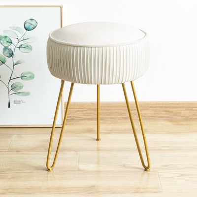 Arceso Pleated Vanity Stool, Velvet Ottoman with Metal Legs, Round Footrest for Bedroom & Makeup Room