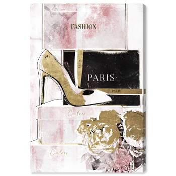 15" x 10" Glamorous Stacked Shoes Fashion and Glam Unframed Canvas Wall Art in Pink - Oliver Gal