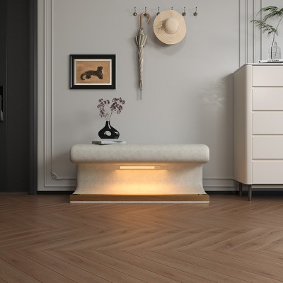 Small Entryway Shoe Bench, Faux Leather Upholstered Ottoman Bench with LED Sensor Light, Bench Seating for Living Room, Bedroom-Cuddlewood
