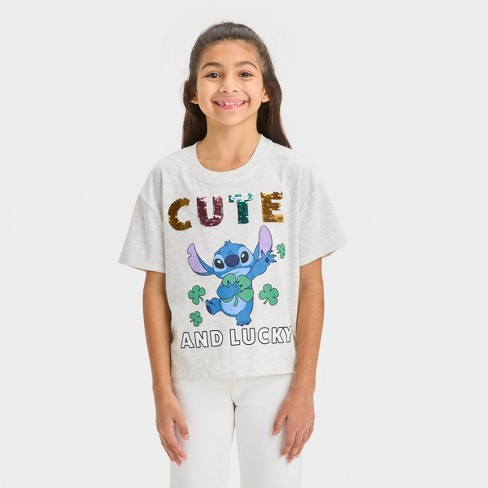 Girls' Lilo & Stitch Cute and Lucky Flip Sequin Short Sleeve Graphic  T-Shirt - Oatmeal Beige XS