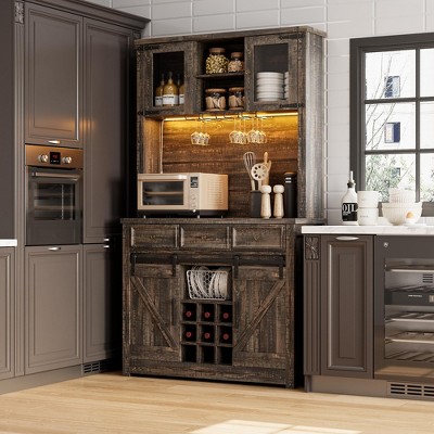 72" Modern Farmhouse Coffee Bar Cabinet with LED Lights & Power Outlets – Kitchen Buffet with Sliding Barn Doors