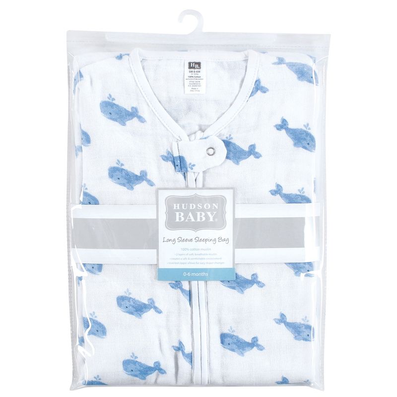 Hudson Baby Infant Boy Long Sleeve Muslin Sleeping Bag, Wearable Blanket, Sleep Sack, Blue Whale, 3 of 4