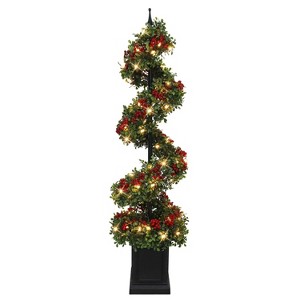 Puleo 4' Pre-Lit Artificial Potted Swirl Tree Adorned with Red Berries - 1 of 4