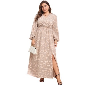 Clearlove Womens Plus Size Casual Midi Dresses Short Sleeve V Neck Drawstring Knee Length Split Dress - 1 of 4