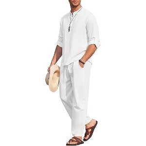 COOFANDY Men's 2 Pieces Cotton Linen Set Long Sleeve Henley Shirts Casual Beach Pants With Pockets Summer Yoga Outfits - 1 of 4