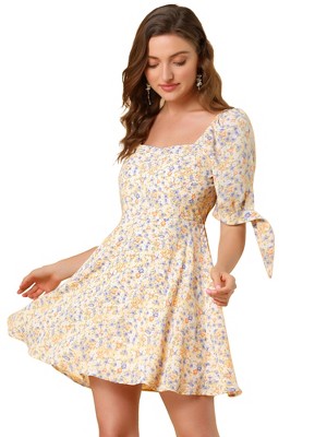 Allegra K Women's Floral Printed Sweetheart Neck Puff Sleeve A-Line Mini Dress