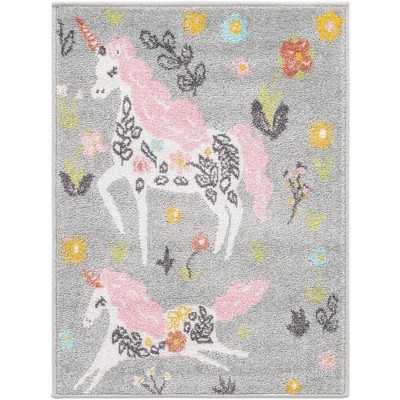 Gray Floral Synthetic Kids Rectangular Area Rug