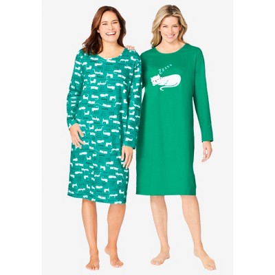 Dreams & Co. Women's Plus Size 2-pack Long-sleeve Sleepshirt - M/l,  Tropical Emerald Cat : Target