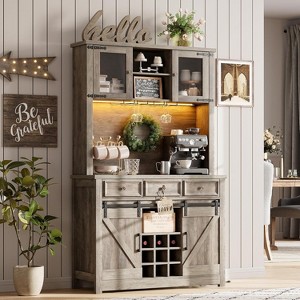 Farmhouse 72'' Bar Cabinet with LED Light, Kitchen Hutch with 3 Drawers and Wine Glass Rack, Sliding Barn Door Tall Wine Cabinet for Home Bar - 1 of 4