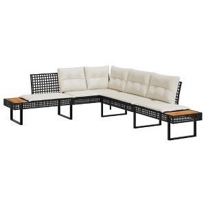 vidaXL Patio Sofa Set - Black Poly Rattan & Acacia - L-Shaped Outdoor Furniture with Cushions for Garden, Patio & Terrace - 1 of 4