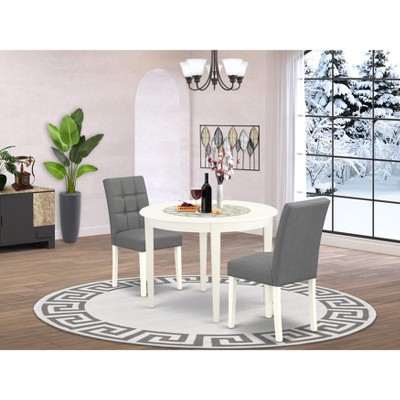 East West Furniture 3 Piece Dinner Table Set contain A Wooden Table and 2 Platinum Gray Faux Leather Person Chairs with Stylish Back- Linen White