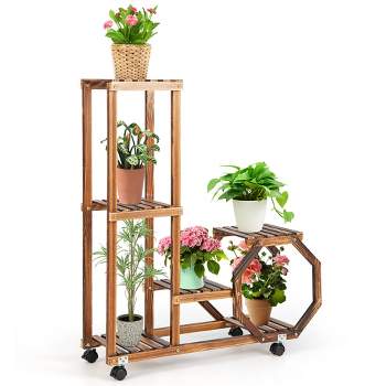 Costway 6-tier 6 Potted Rolling Plant Stand Wooden Storage Display Shelf Rack with Wheels