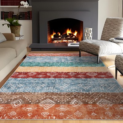 10'x13' Washable Area Rug, Large Boho Carpet with Non-Slip Backing, Soft Low Pile Stain-Resistant Rug for Bedroom, Dining Room, Farmhouse, Red