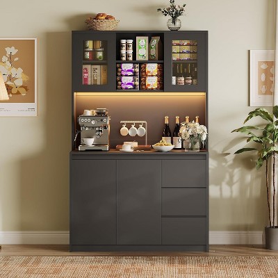 Kitchen Pantry Cabinet with Charging Station, LED Lights & Glass Doors, Tall Storage Cabinet